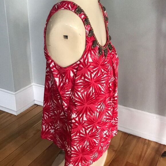 Boden red shades flower pattern beaded cotton top - Picture 4 of 5